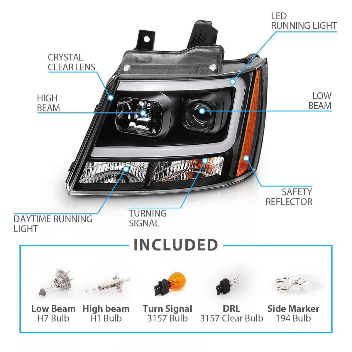 CHEVY TAHOE/SUBURBAN/AVALANCHE 07 PROJECTOR HEADLIGHTS G2 BLACK CLEAR AMBER