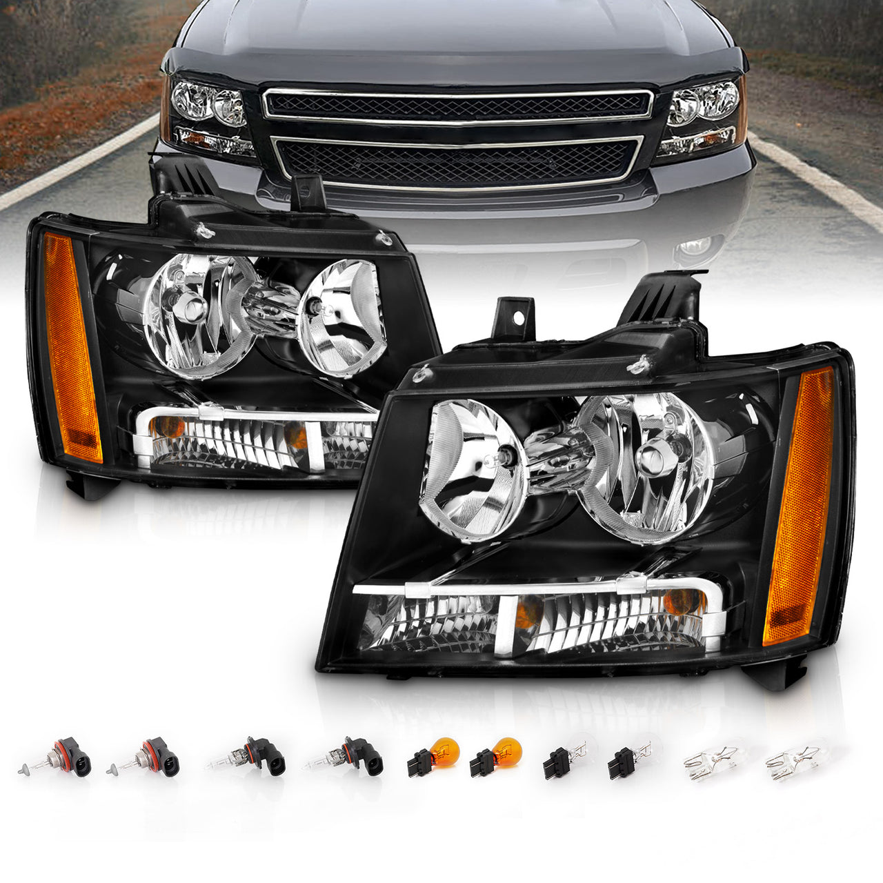 CHEVY TAHOE/SUBURBAN/AVALANCHE 07-14 HEADLIGHTS BLACK AMBER
