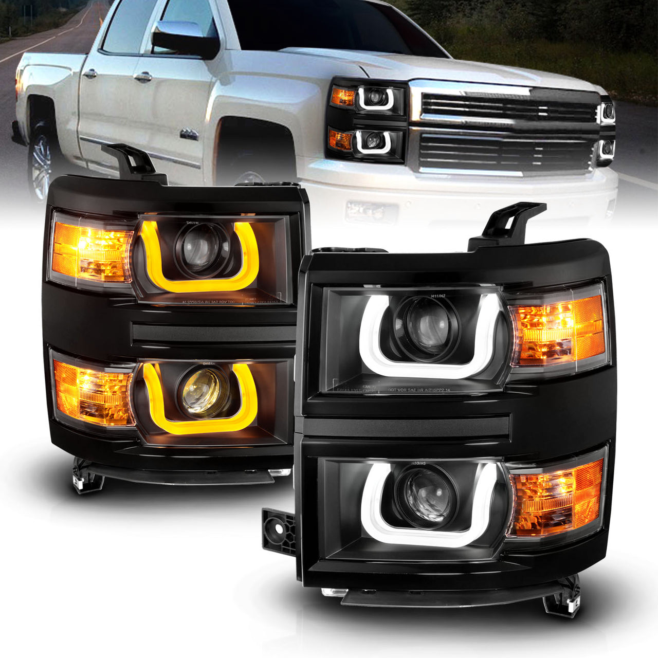 CHEVY SILVERADO 14 PROJECTOR DOUBLE COLOR U BAR STYLE H.L BLACK  WITH BLACK TRIM AMBER