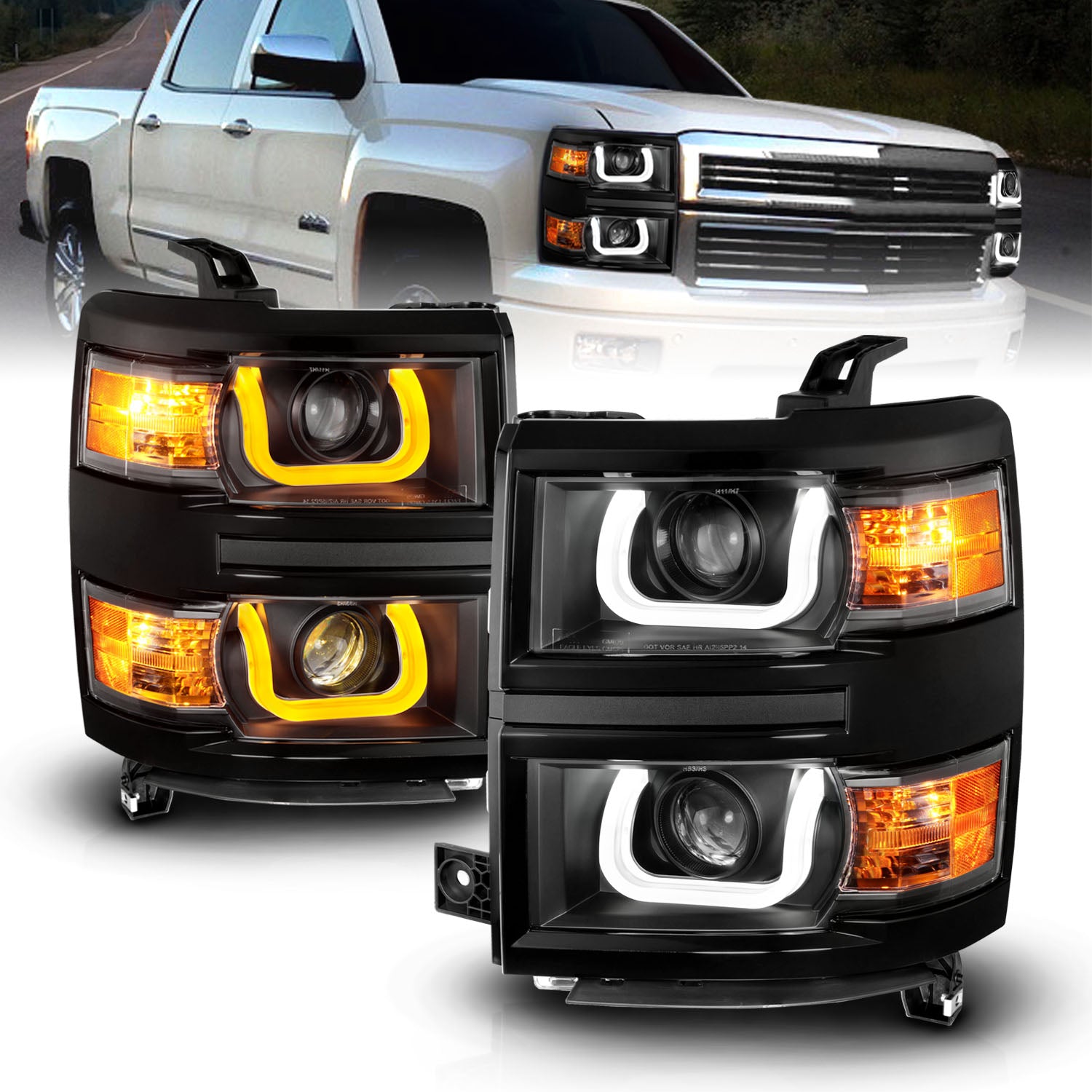 CHEVY SILVERADO 14 PROJECTOR DOUBLE COLOR U BAR STYLE H.L BLACK  WITH BLACK TRIM AMBER