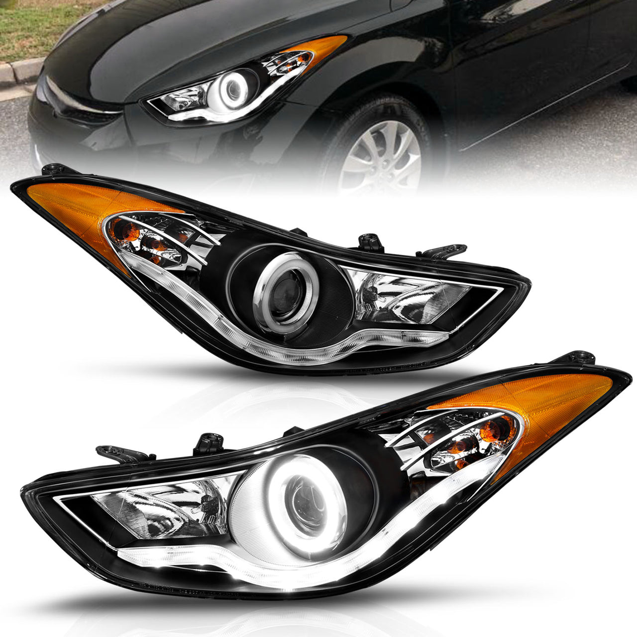 HYUNDAI ELANTRA 11-13 PROJECTOR HEADLIGHTS HALO BLACK CLEAR AMBER (RX HALO)