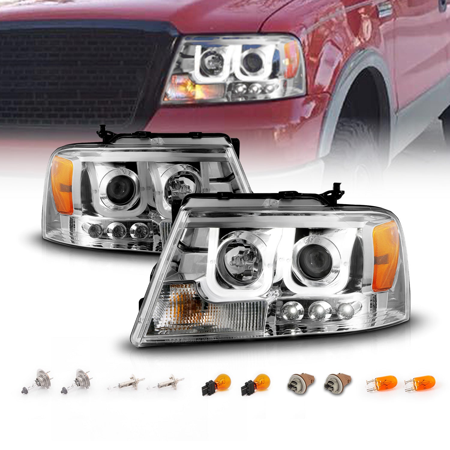FORD F-150 04-07/LINCOLN MARK LT 06-07 PROJECTOR U-BAR STYLE HEADLIGHTS CHROME CLEAR AMBER