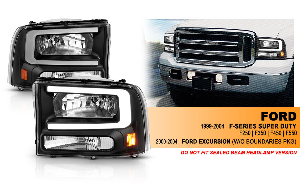 FORD EXCURSION 00-04/SUPER DUTY 99-04  HEADLIGHTS BLACK AMBER (W/ C LIGHT BAR)