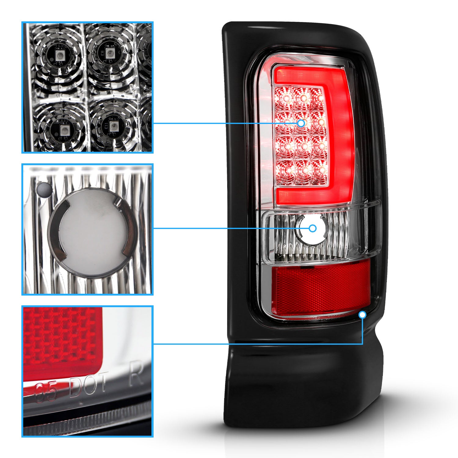 DODGE RAM 94-01  LED TAIL LIGHTS CHROME HOUSING CLEAR LENS W/ C LIGHT BAR