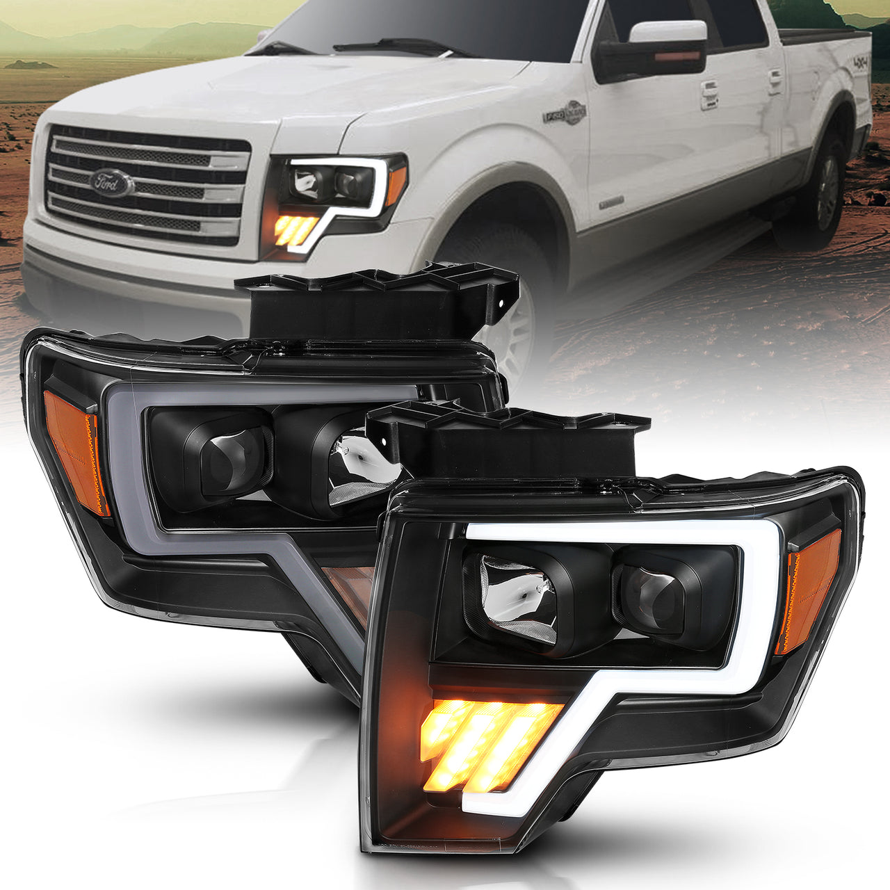 FORD F-150 09-13 PROJECTOR LIGHT BAR STYLE G4 HEADLIGHTS BLACK AMBER