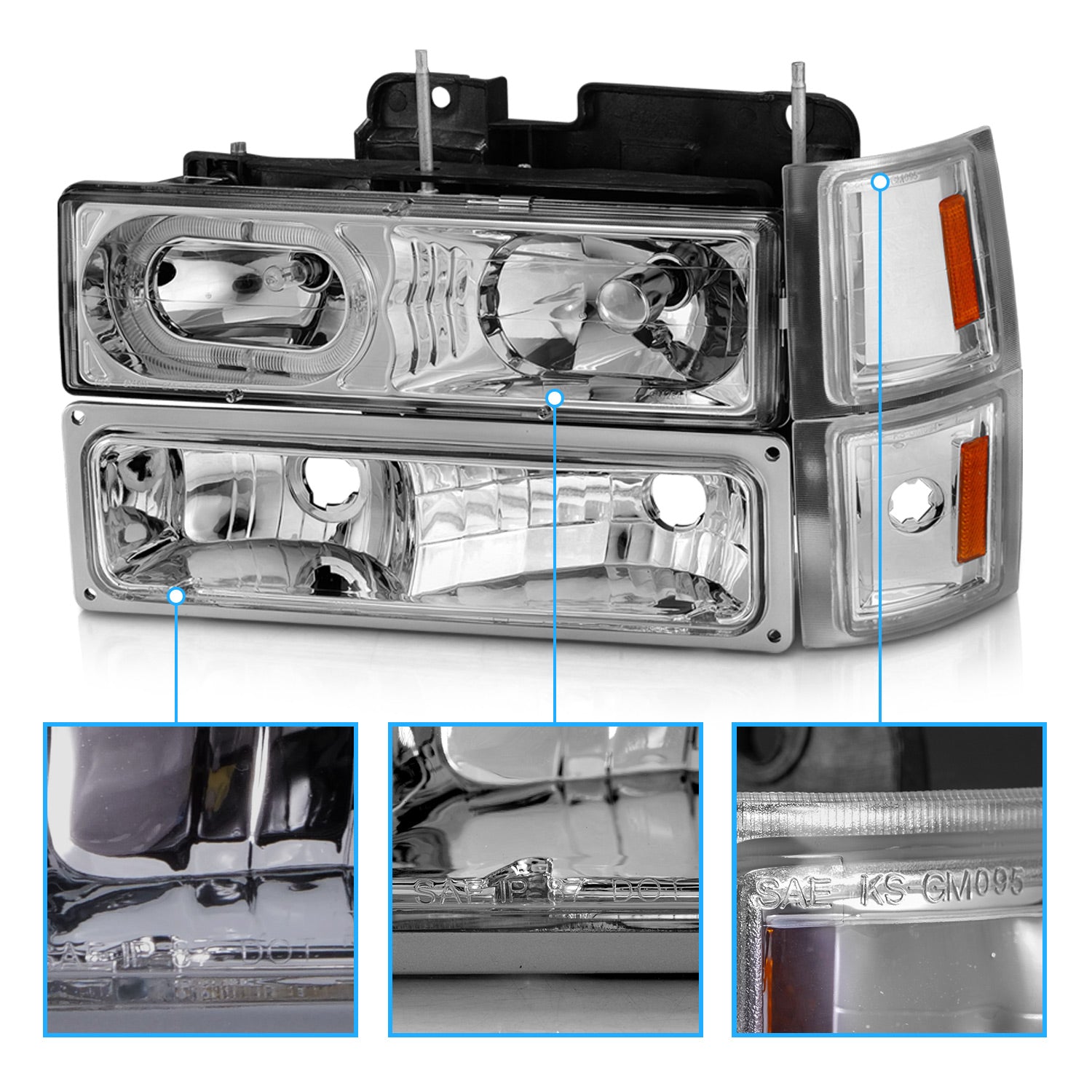 CHEVY CK / C10 /SILVERADO/ TAHOE / SUBURBAN/BLAZER 94-98 CRYSTAL HEADLIGHTS HALO CHROME HOUSING  W/ SIGNAL & SIDE MARKERS AMBER (8PCS)
