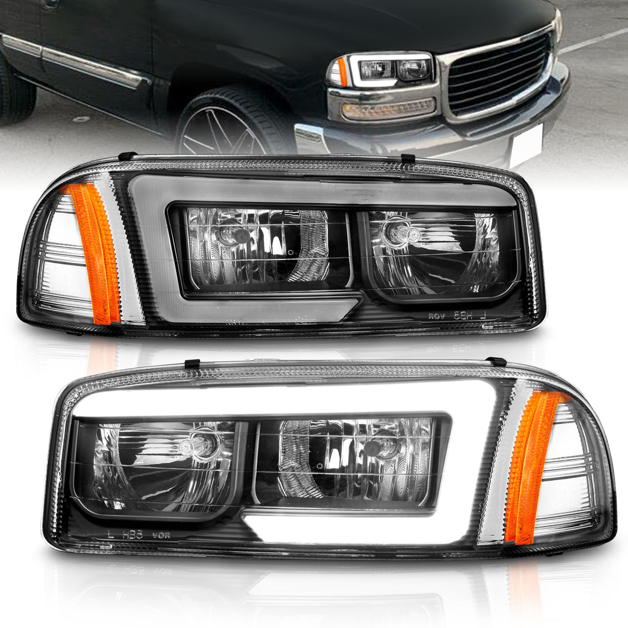 GMC SIERRA/SIERRA DENALI 99-07/SIERRA CLASSIC 2007/ YUKON/YUKON XL/YUKON DENALI 00-06 HEADLIGHTS  BLACK AMBER  (W/ C LIGHT BAR)