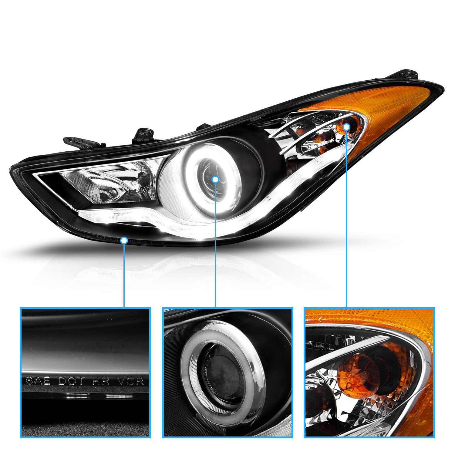 HYUNDAI ELANTRA 11-13 PROJECTOR HEADLIGHTS HALO BLACK CLEAR AMBER (RX HALO)