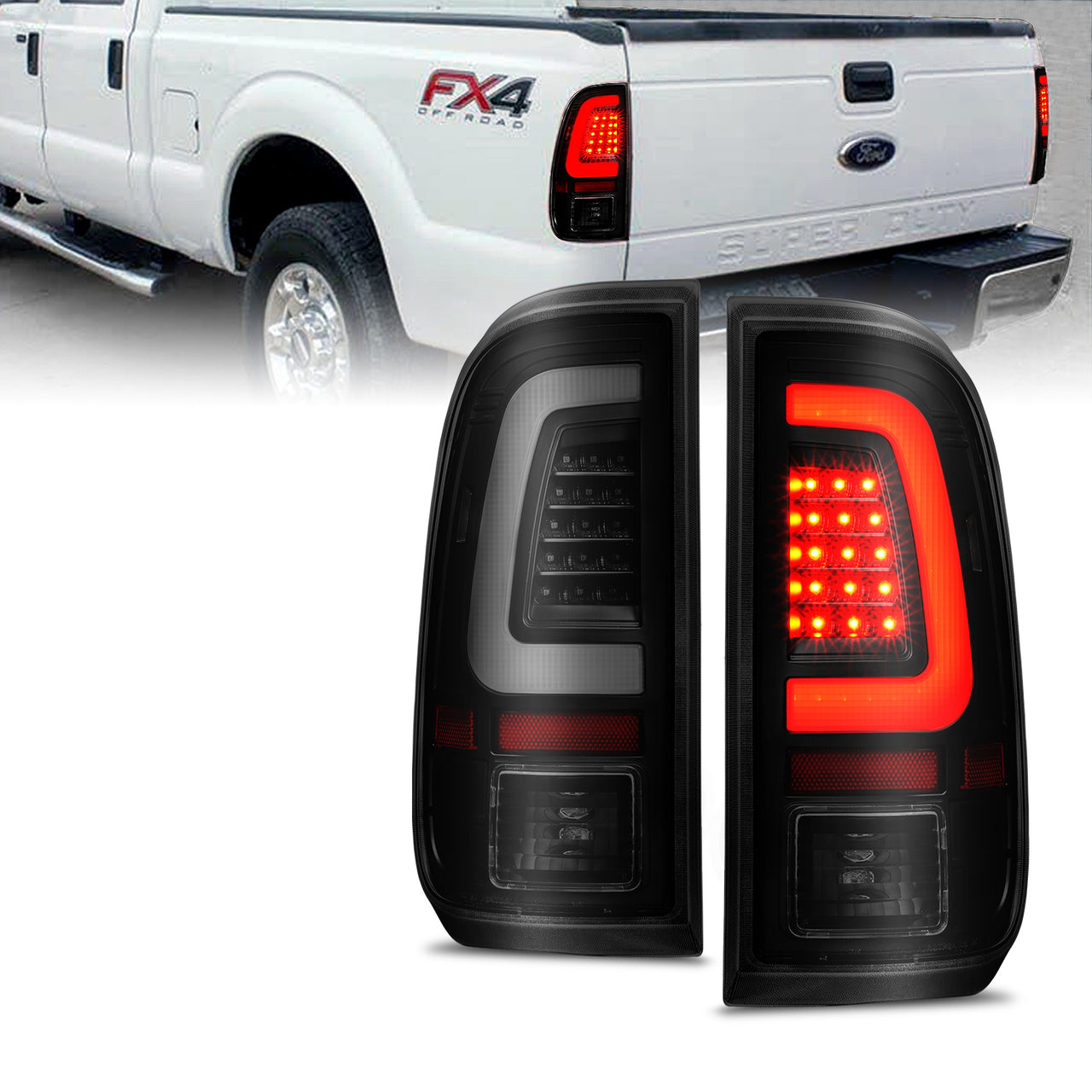 FORD F-250/SUPER DUTY 08-16 LED TAIL LIGHTS BLACK HOUSING SMOKE LENS (W/ C LIGHTS BAR)
