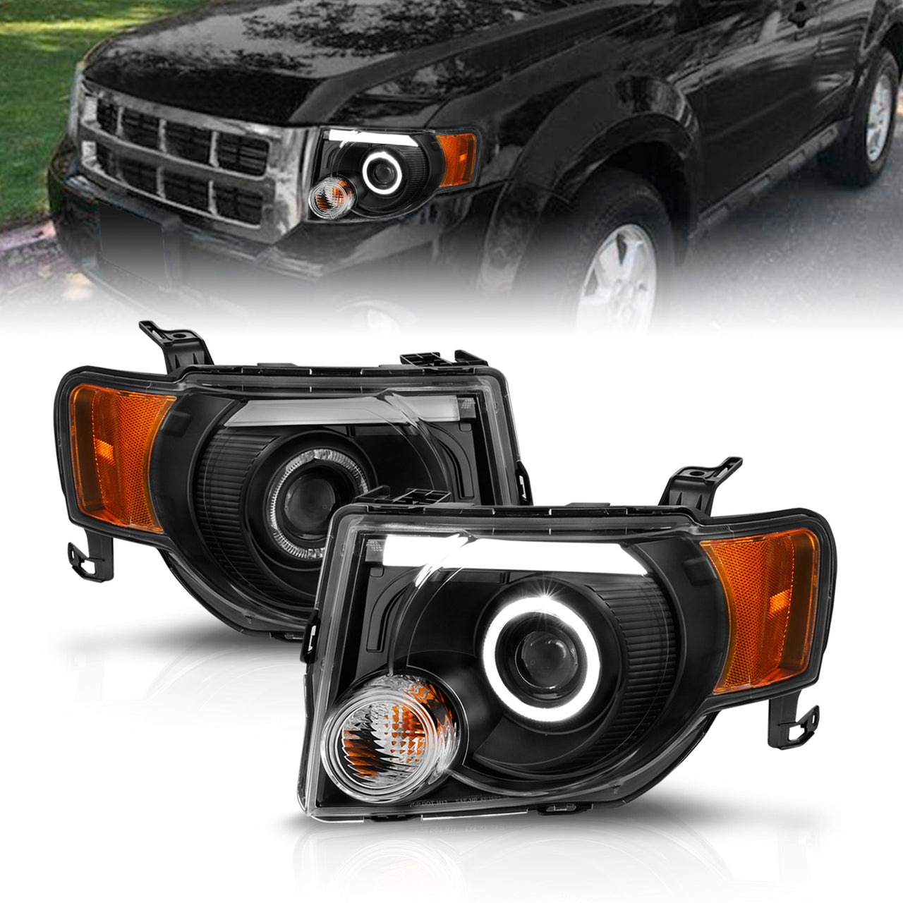 FORD ESCAPE 8-12  PROJECTOR LIGHT BAR STYLE HEADLIGHTS BLACK CLEAR AMBER (LED HALO)