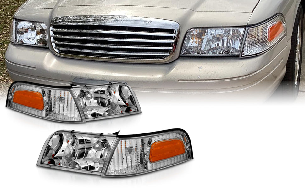 FORD CROWN VICTORIA 98-11 HEADLIGHTS CHROME 4 PCS W/ CORNER LIGHTS (OE REPLACEMENT)
