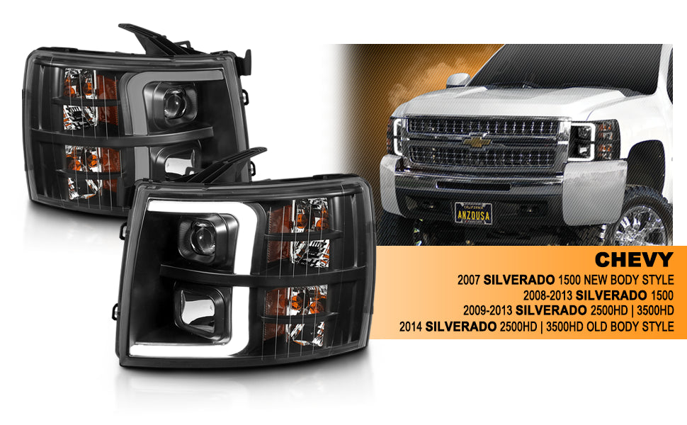 CHEVY SILVERADO 1500/2500/3500 07-13/1500 HYBRID 09-13 LIGHT BAR STYLE HEADLIGHTS BLACK AMBER