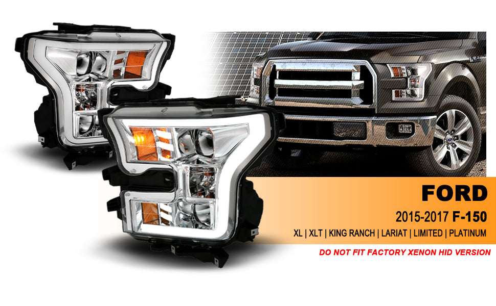 FORD F-150 15-17 PROJECTOR LIGHT BAR STYLE HEADLIGHTS G3 CHROME AMBER
