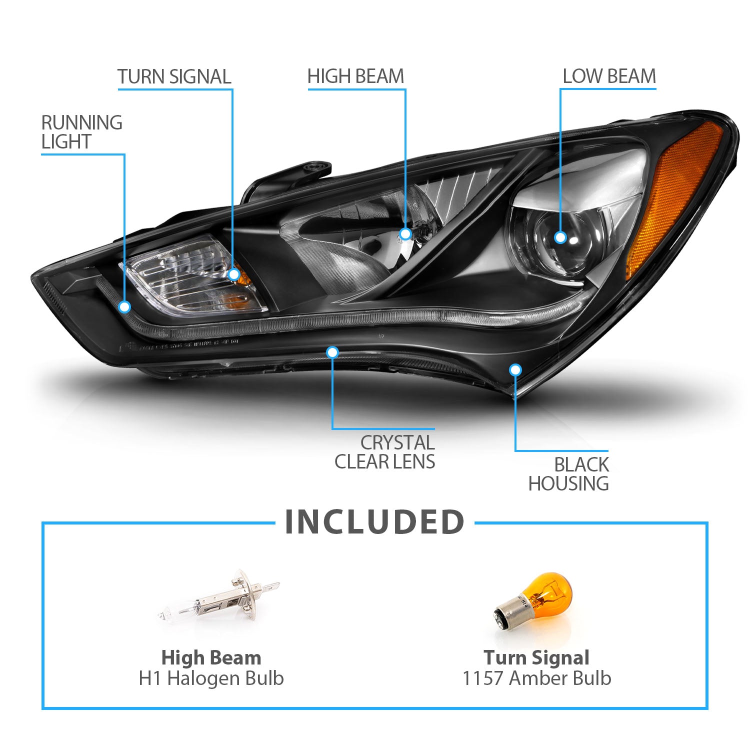 HYUNDAI GENESIS 13-14 2DR PROJECTOR LIGHT BAR STYLE HEADLIGHTS BLACK CLEAR AMBER