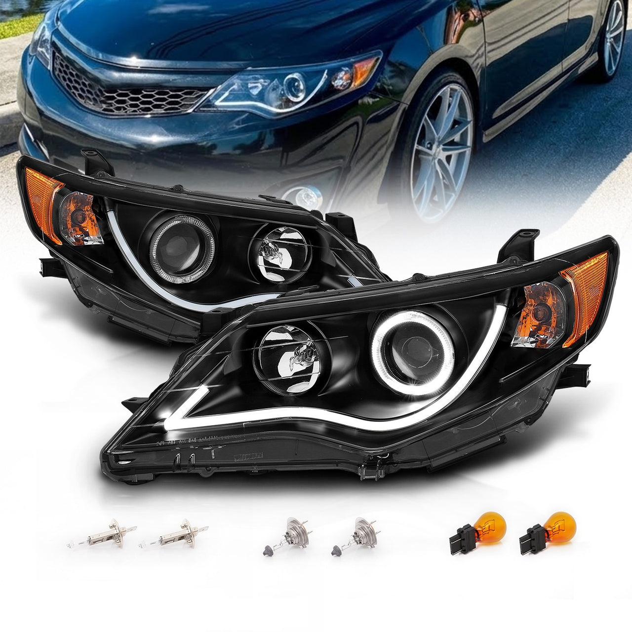 TOYOTA CAMRY 12-13 PROJECTOR HEADLIGHTS HALO BLACK CLEAR AMBER