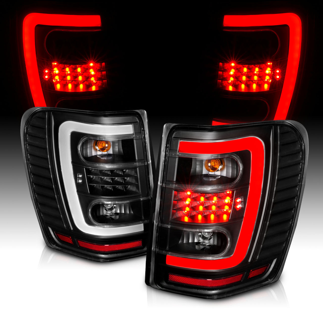 JEEP GRAND CHEROKEE 99-04 LED TAIL LIGHTS BLACK HOUSING CLEAR LENS W/ C LIGHT BAR
