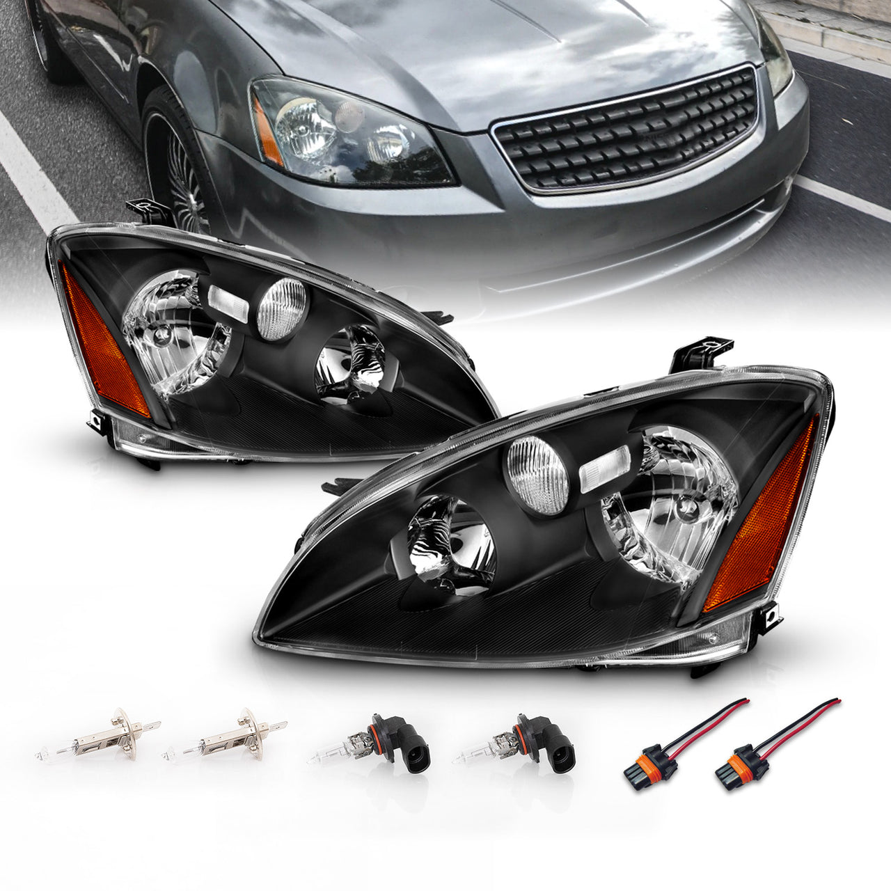 NISSAN ALTIMA 02-04 HEADLIGHTS CRYSTAL BLACK AMBER