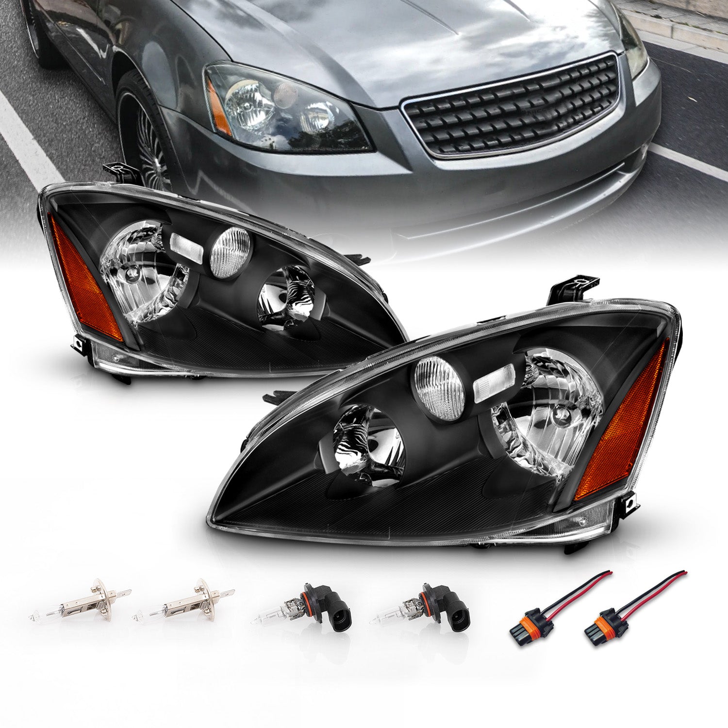NISSAN ALTIMA 02-04 HEADLIGHTS CRYSTAL BLACK AMBER