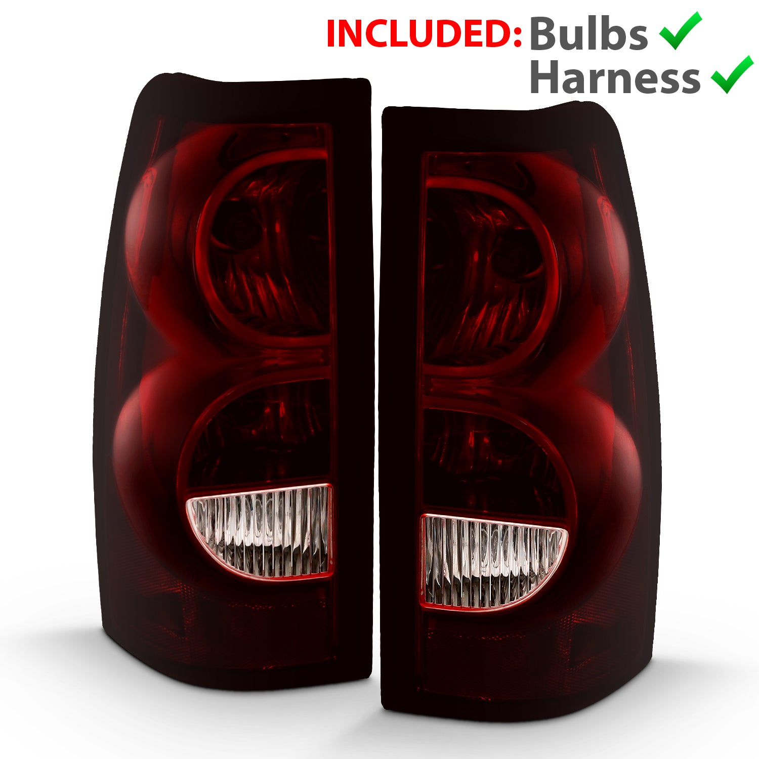 CHEVY SILVERADO 04-07 TAIL LIGHTS DARK RED AND CLEAR LENS (BLACK RIM) (OE STYLE)