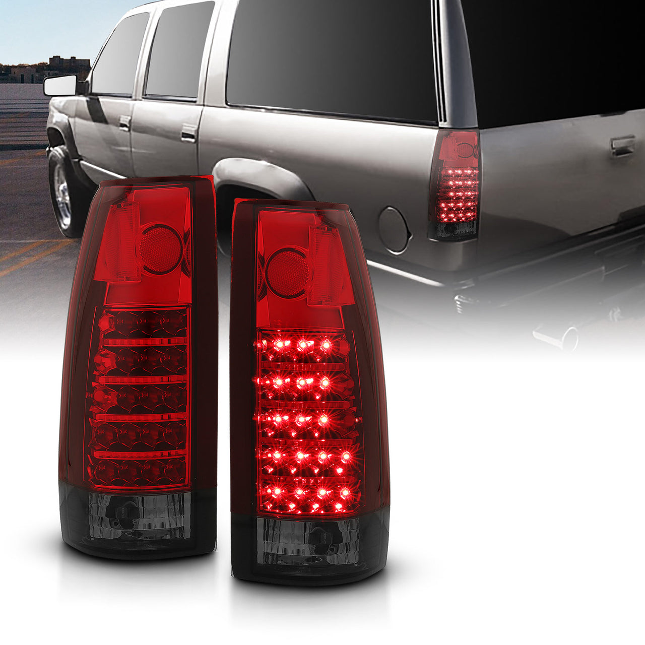 Chevy/GMC C/K 1500/2500/3500 88-99, SUBURBAN/YUKON 92-00, TAHOE 94-00, BLAZER 92-94, CADILLAC ESCALADE 99-00 LED TAIL LIGHTS CHROME HOUSING RED/SMOKE LENS