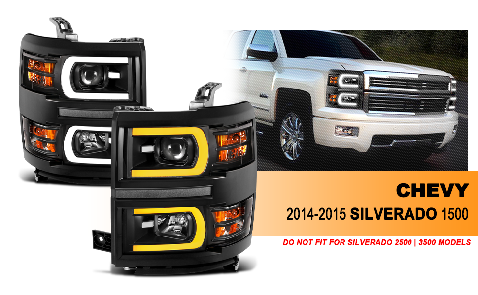 CHEVY SILVERADO 14-15 PROJECTOR SWITCHBACK HEADLIGHTS BLACK AMBER