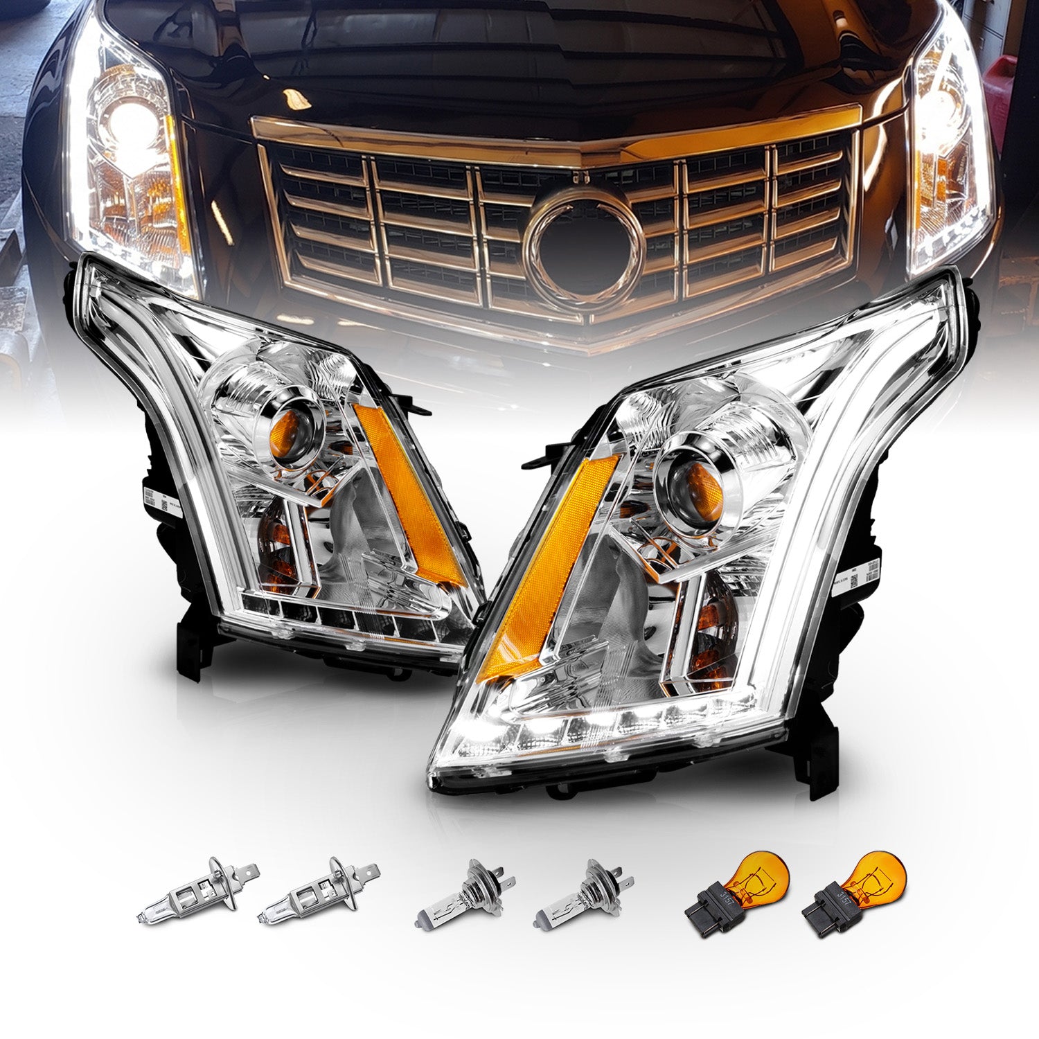CADILLAC SRX 10-12 PROJECTOR LIGHT BAR STYLE HEADLIGHTS CHROME CLEAR AMBER