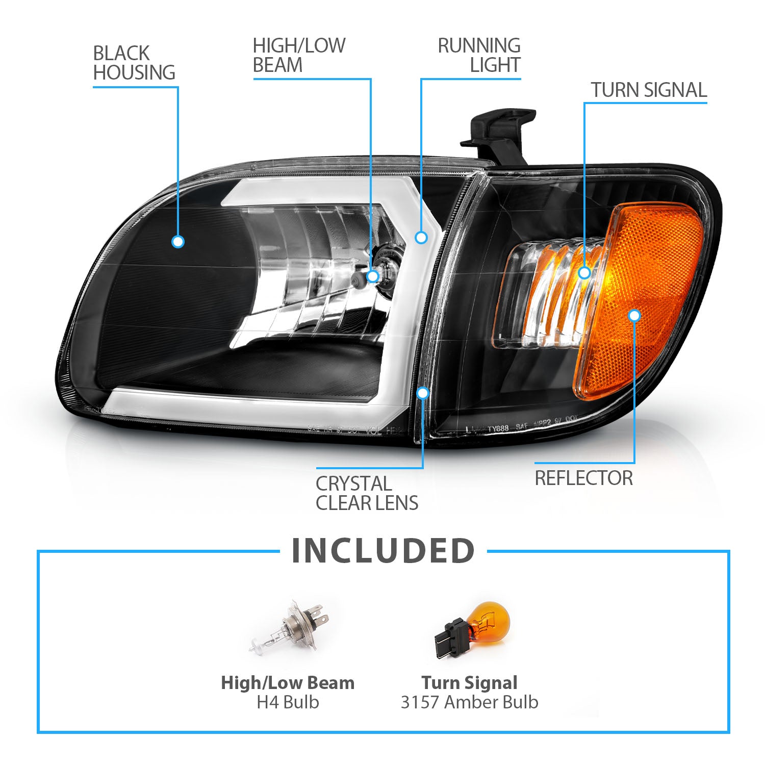 TOYOTA TUNDRA 00-04 HEADLIGHTS BLACK AMBER W/ C LIGHT BAR  W/CORNER LIGHTS (REGULAR CAB, ACCESS CAB)