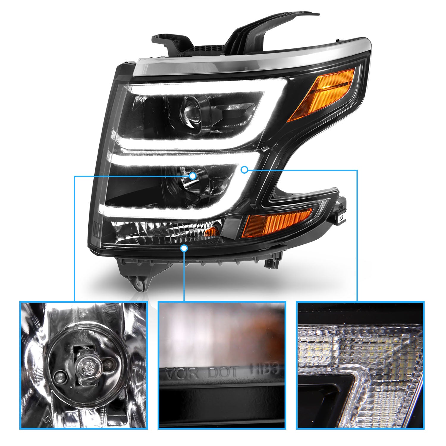 CHEVY TAHOE/SUBURBAN 15-19 PROJECTOR LIGHT BAR STYLE HEADLIGHTS BLACK AMBER (W/ DRL)