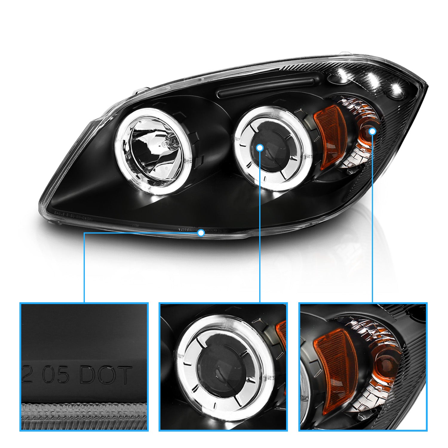 CHEVY COBALT 05-UP PROJECTOR HEADLIGHTS HALO W/O CCFL BAR BLACK CLEAR AMBER