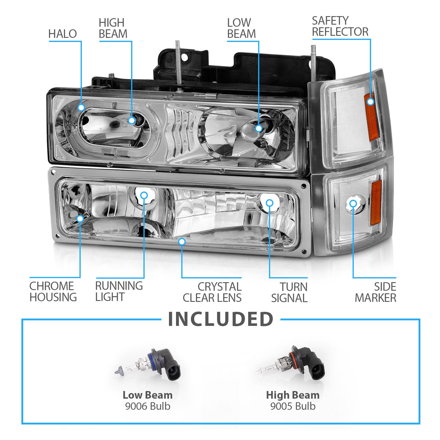 CHEVY CK / C10 /SILVERADO/ TAHOE / SUBURBAN/BLAZER 94-98 CRYSTAL HEADLIGHTS HALO CHROME HOUSING  W/ SIGNAL & SIDE MARKERS AMBER (8PCS)