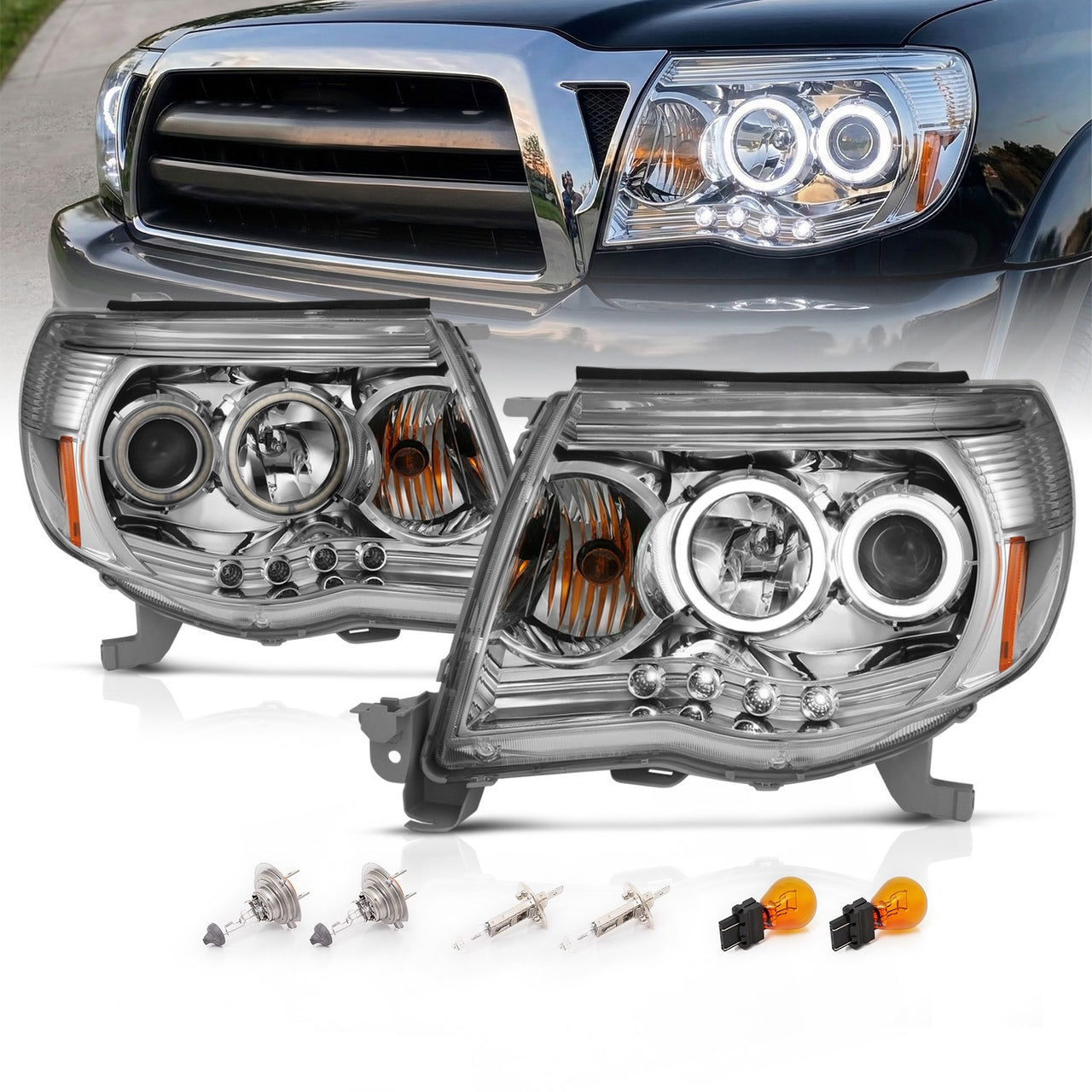 TOYOTA TACOMA 05-11 PROJECTOR HEADLIGHTS  W/O CCFL BAR  CHROME AMBER (RX HALO)