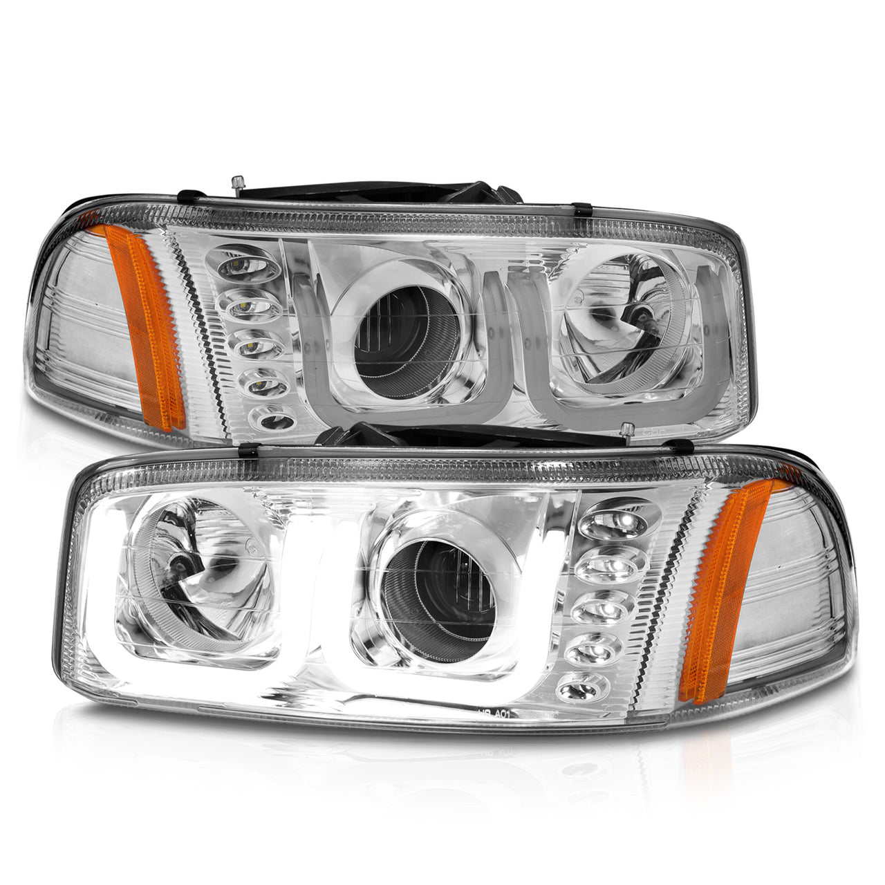 GMC SIERRA C3 99-02/SIERRA DENALI 99-07/YUKON/YUKON XL/YUKON DENALI 00-06 PROJECTOR HEADLIGHTS U-BAR CHROME CLEAR AMBER