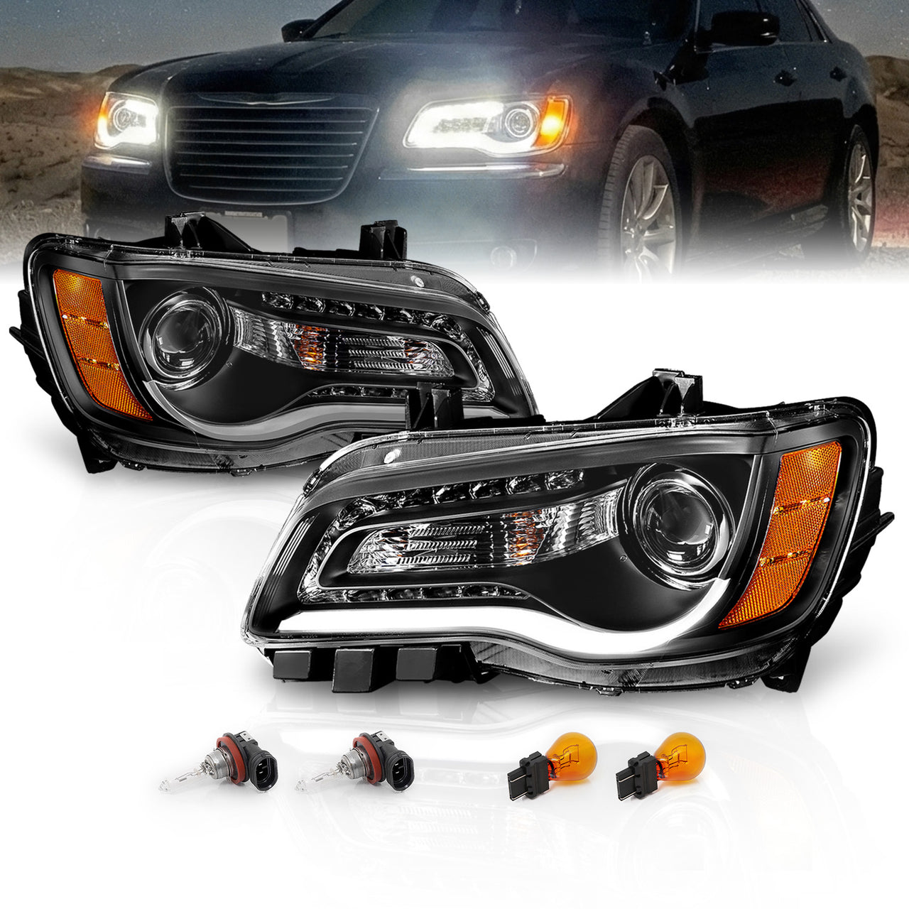 CHRYSLER 300 11-UP PROJECTOR LIGHT BAR STYLE HEADLIGHTS BLACK CLEAR AMBER