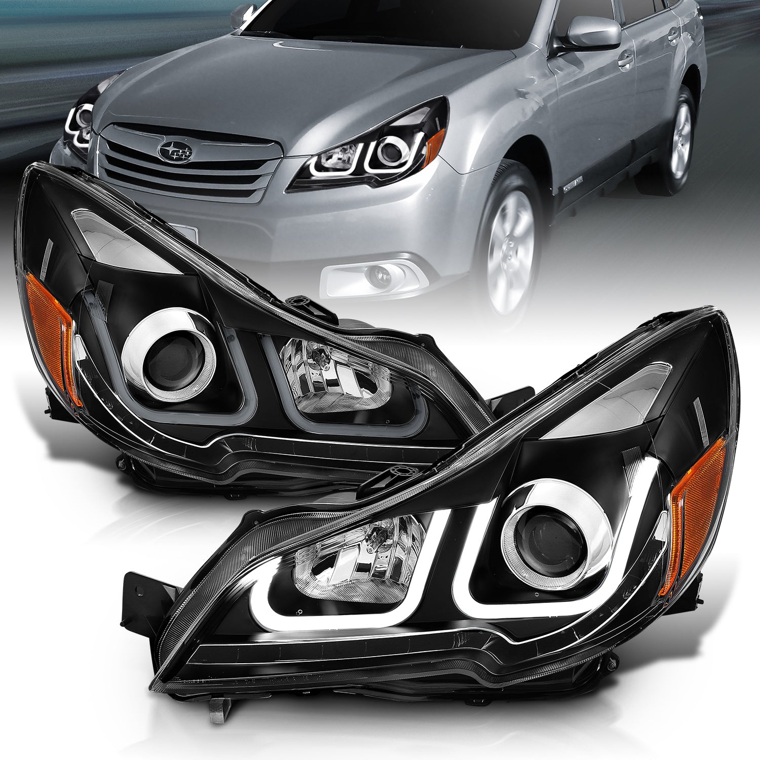 SUBARU OUTBACK 10-12 U-BAR STYLE PROJECTOR HEADLIGHTS BLACK AMBER