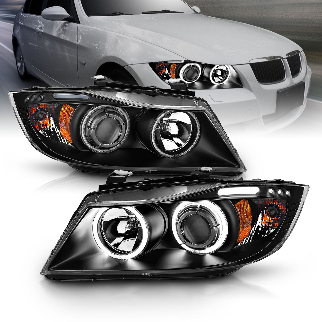 BMW 3 SERIES E90/E91 06-08 4DR/WAGON PROJECTOR HEADLIGHTS HALO W/ LED BAR BLACK CLEAR AMBER (RX HALO)