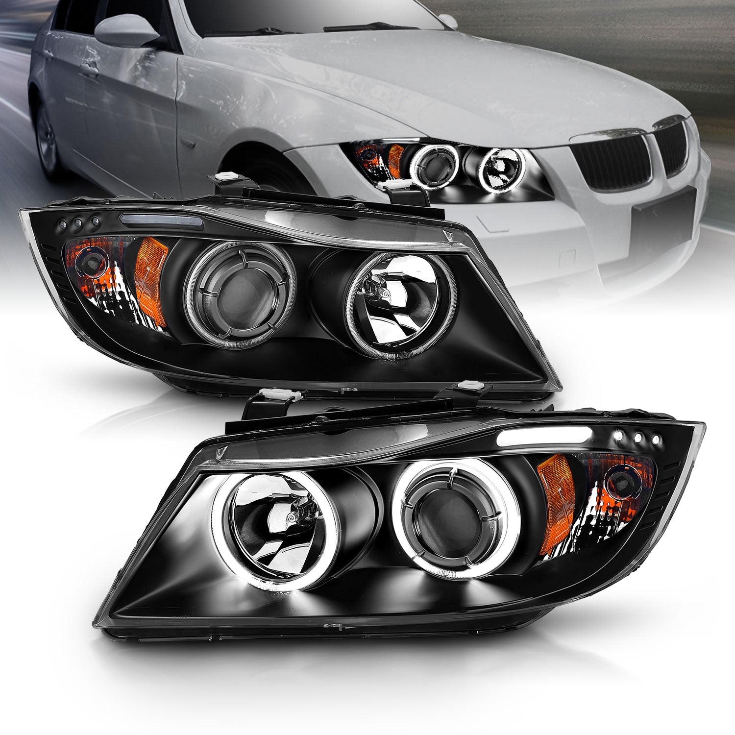 BMW 3 SERIES E90/E91 06-08 4DR/WAGON PROJECTOR HEADLIGHTS HALO W/ LED BAR BLACK CLEAR AMBER (RX HALO)
