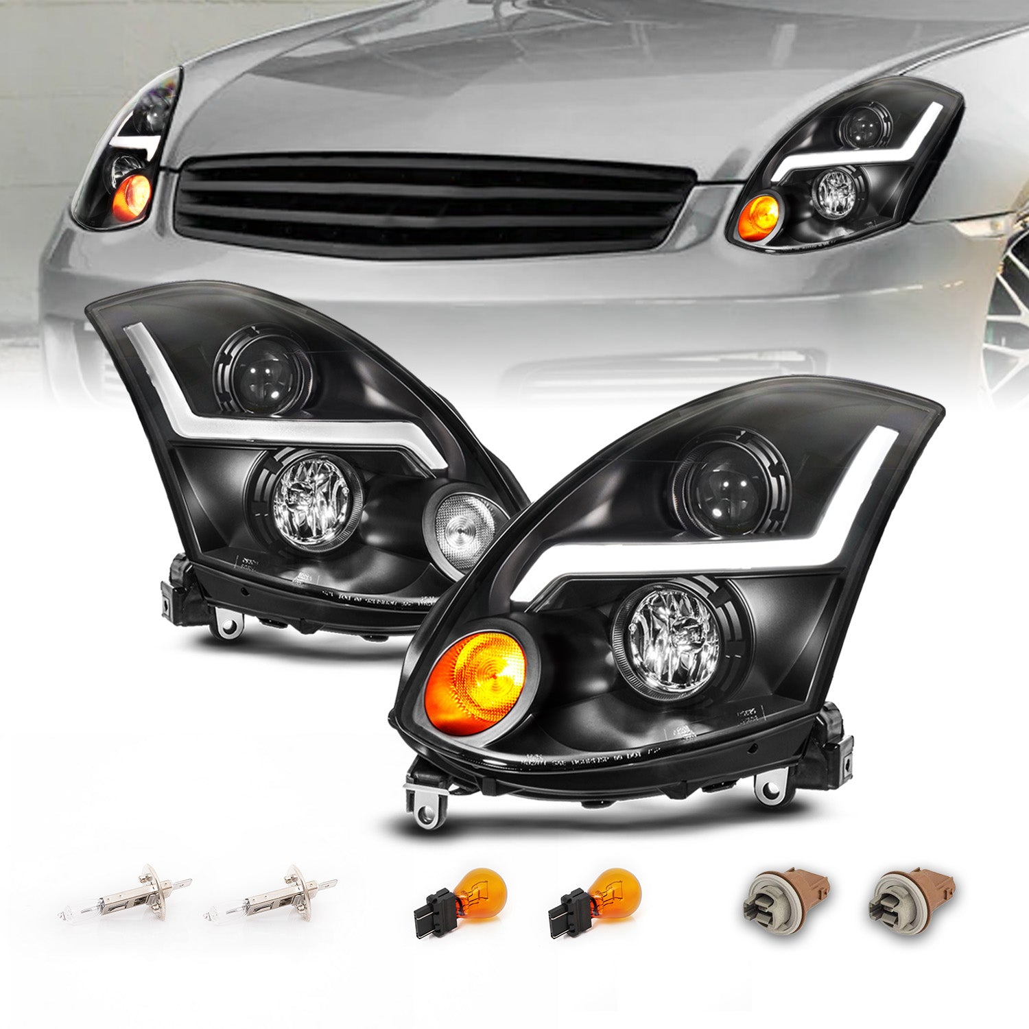 INFINITI G35 03-07 2DR H.L BLACK PROJECTOR CLEAR HALO(HID COMPATIBLE& SUPER WHITE)