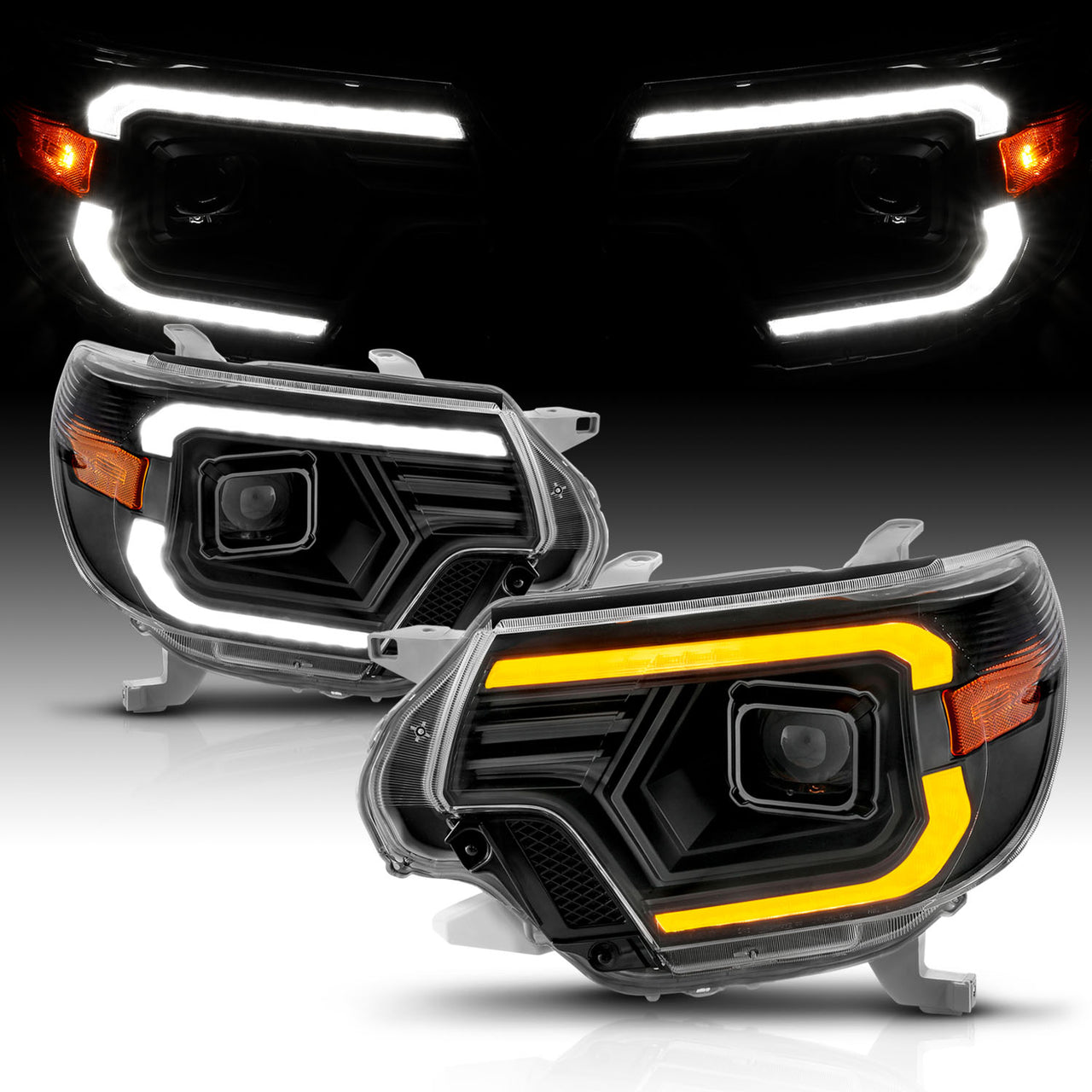 TOYOTA TACOMA 12-15  PROJECTOR SWITCHBACK HEADLIGHTS BLACK AMBER (W/ C LIGHTS BAR)
