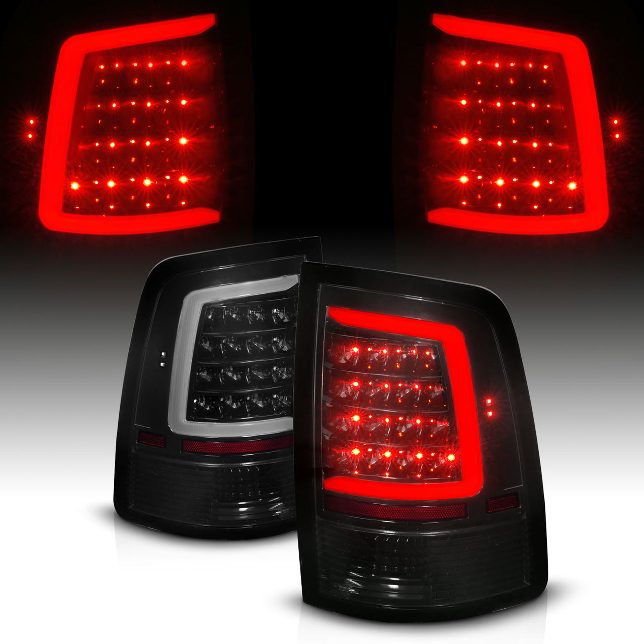 DODGE RAM 1500 09-20 LED TAIL LIGHTS BLACK HOUSING SMOKE LENS (W/ SEQUENTIAL ) (HALOGEN MODEL)