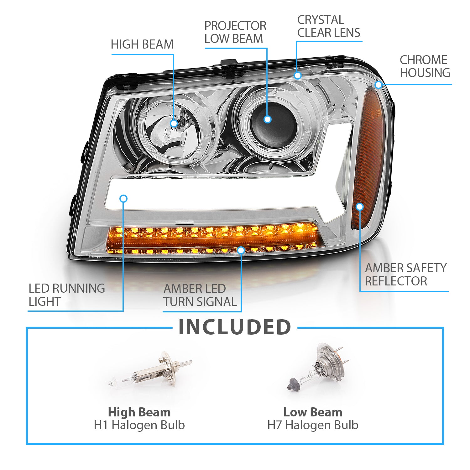 CHEVY TRAILBLAZER LT 06-09 / LS 08 PROJECTOR LIGHT BAR STYLE HEADLIGHTS CHROME AMBER