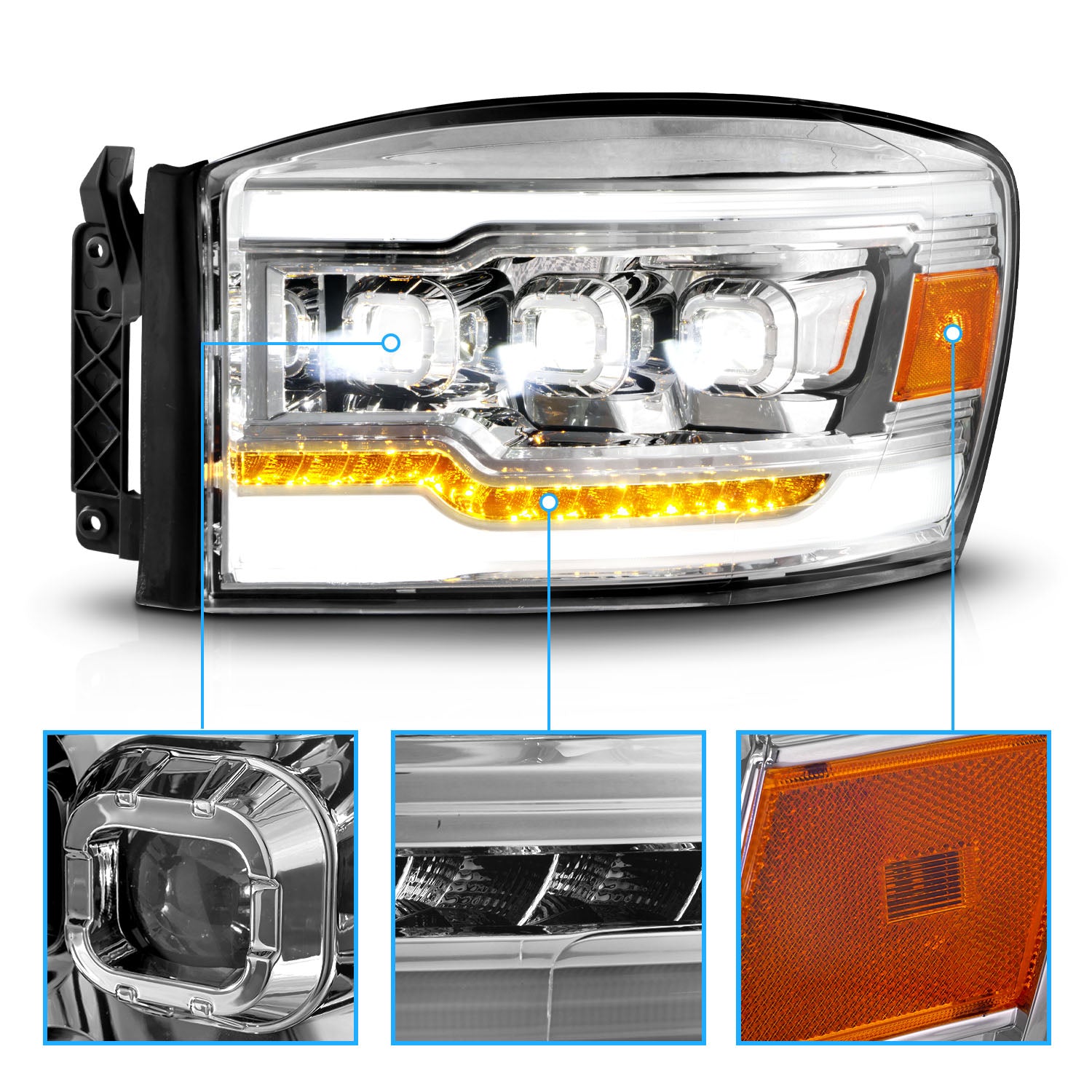 DODGE RAM 1500 06-08/ 2500/3500 06-09 FULL LED PROJECTOR LIGHT BAR STYLE HEADLIGHTS CHROME AMBER (SEQUENTIAL SIGNAL)