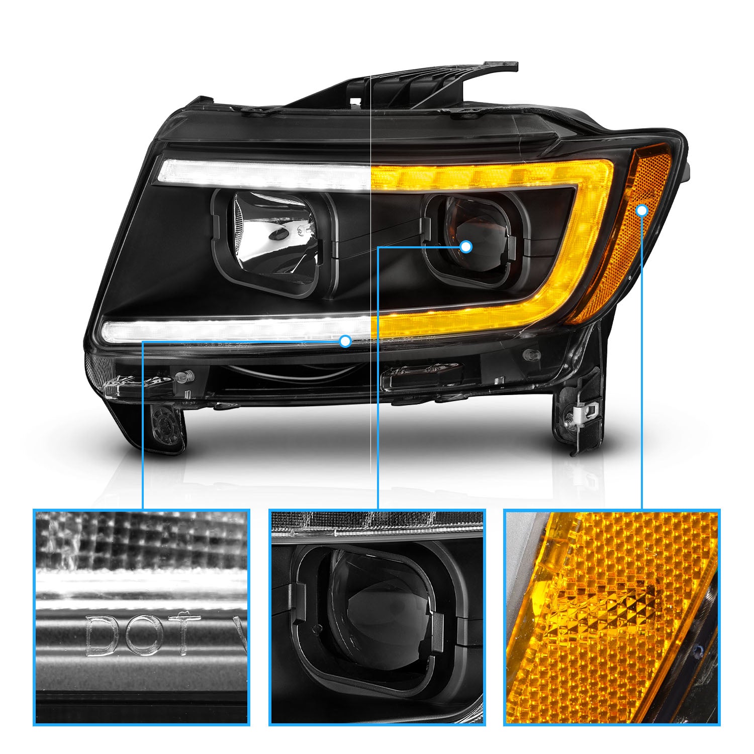 JEEP GRAND CHEROKEE 11-13 PROJECTOR SWITCHBACK HEADLIGHTS BLACK AMBER (W/ C LIGHT BAR)