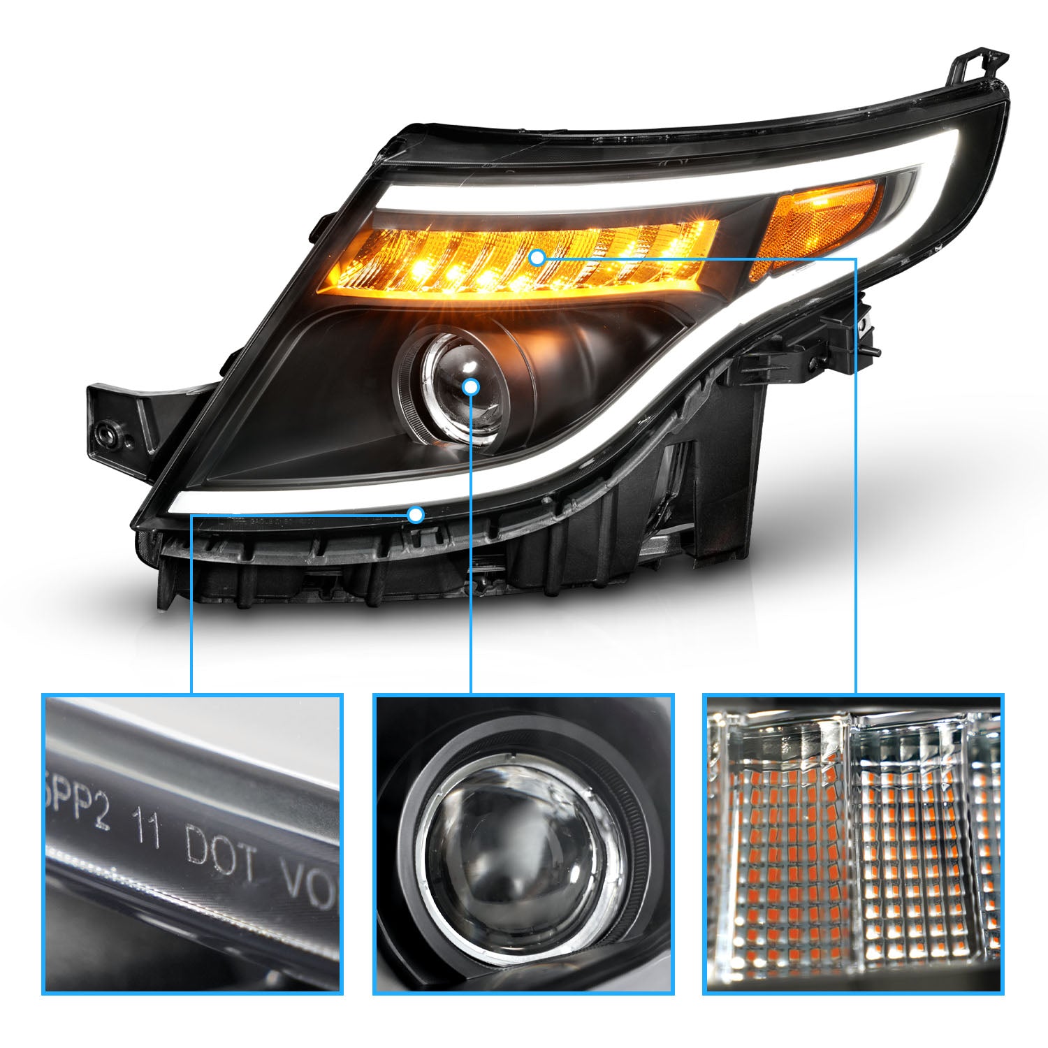 FORD EXPLORER 11-15 (13-15 BASE, XLT, LIMITED) PROJECTOR LIGHT BAR STYLE HEADLIGHTS BLACK AMBER