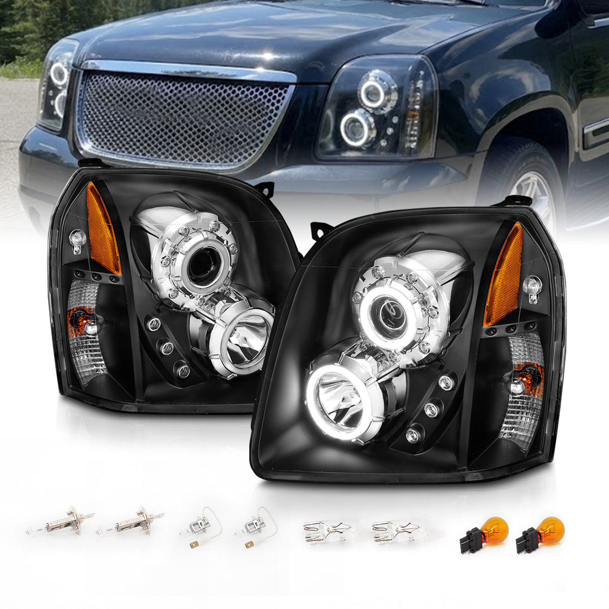 GMC YUKON/YUKON XL/DENALI/XL DENAL 07-10 PRO HEADLIGHTS HALO BLACK AMBER (RX HALO) (W/ ARTIFICIAL LED)