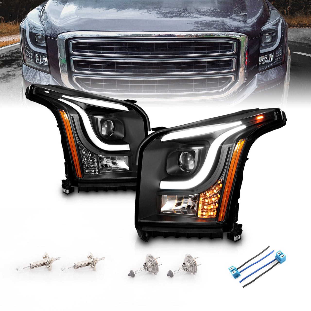 GMC YUKON/YUKON XL 15-19 PROJECTOR LIGHT BAR STYLE HEADLIGHTS BLACK CLEAR AMBER