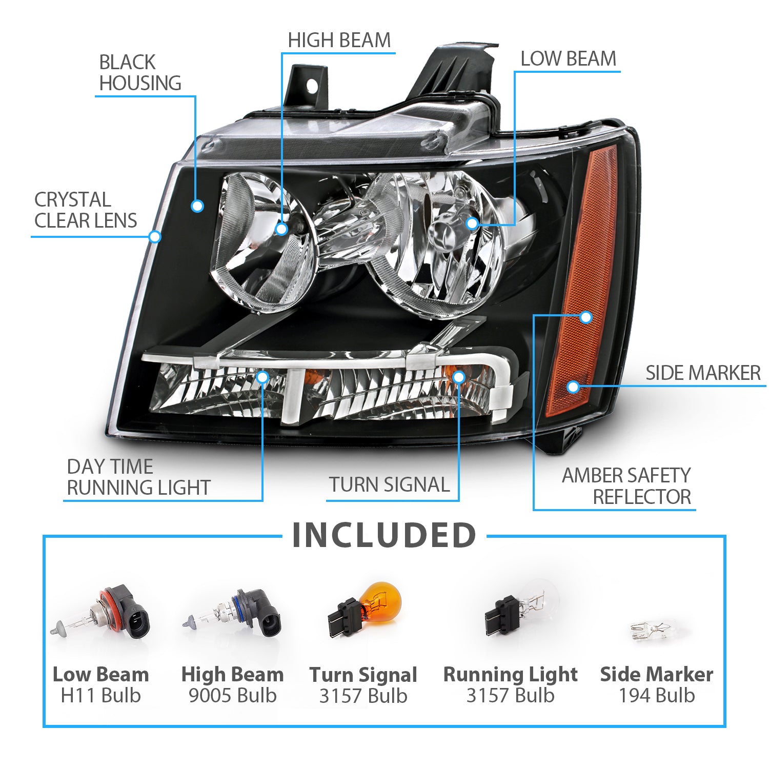 CHEVY TAHOE/SUBURBAN/AVALANCHE 07-14 HEADLIGHTS BLACK AMBER