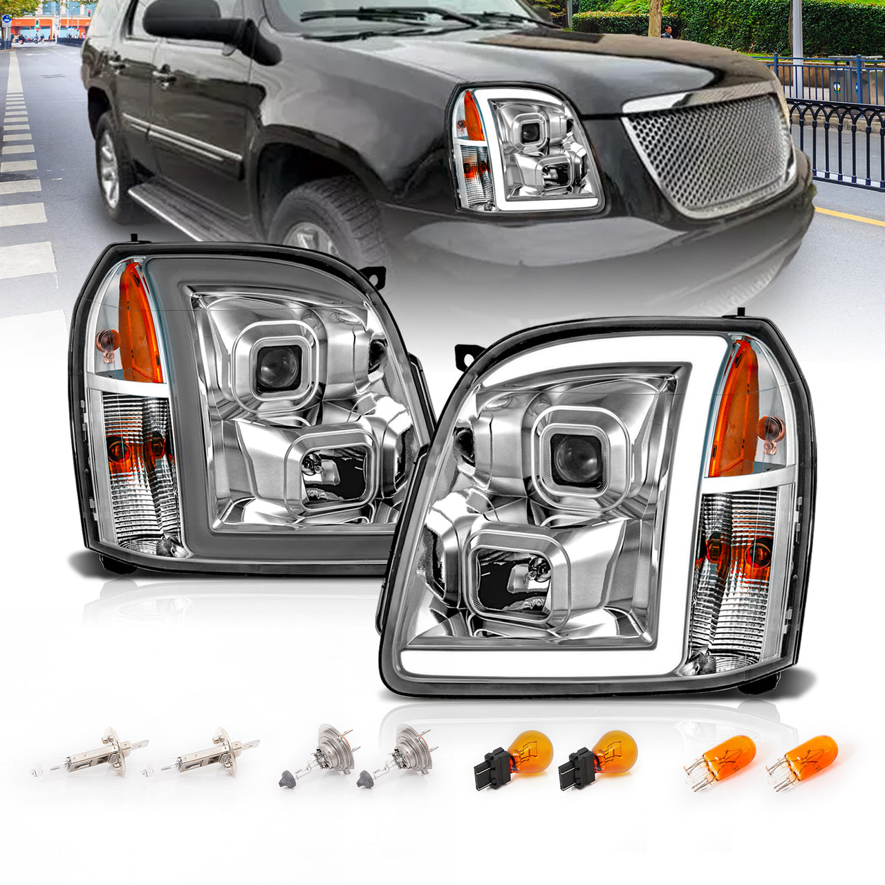 GMC YUKON/YUKON XL/DENALI/XL DENAL 07-10 PRO HEADLIGHTS LIGHT BAR STYLE BLACK AMBER