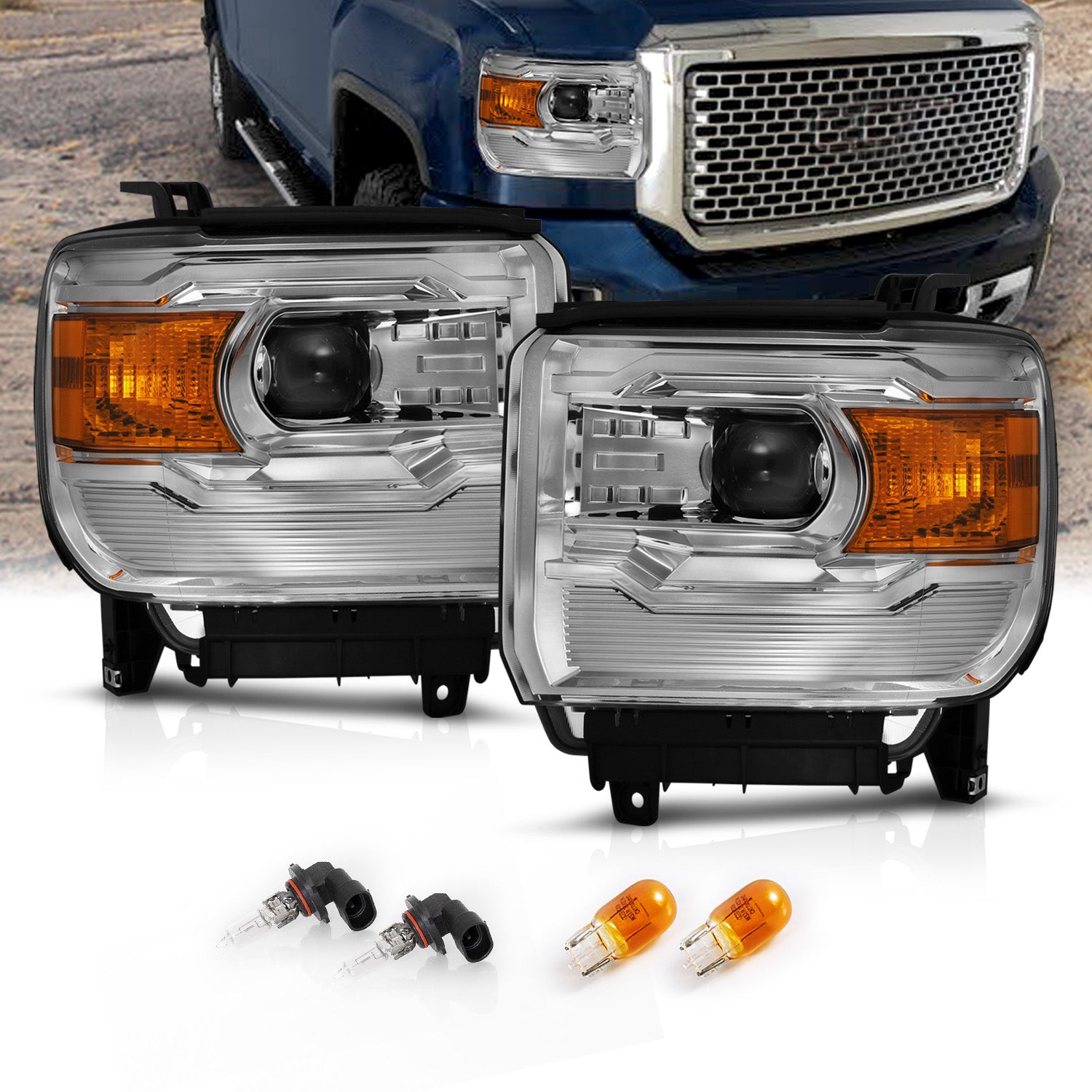 GMC SIERRA 1500 14-15 2500HD/3500HD 15-17 PROJECTOR HEADLIGHTS CHROME G4 (SIMPLE DESIGN) HALOGEN TYPE MODEL W/O FACTORY DRL)