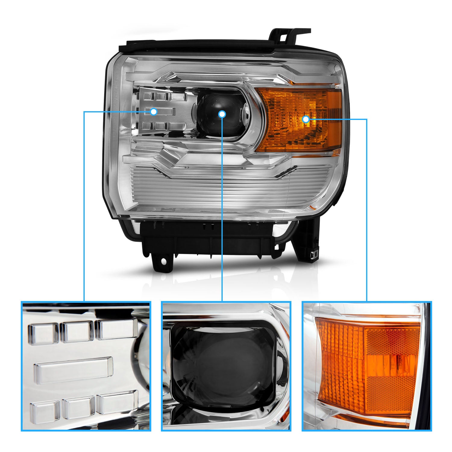 GMC SIERRA 1500 14-15 2500HD/3500HD 15-17 PROJECTOR HEADLIGHTS CHROME G4 (SIMPLE DESIGN) HALOGEN TYPE MODEL W/O FACTORY DRL)