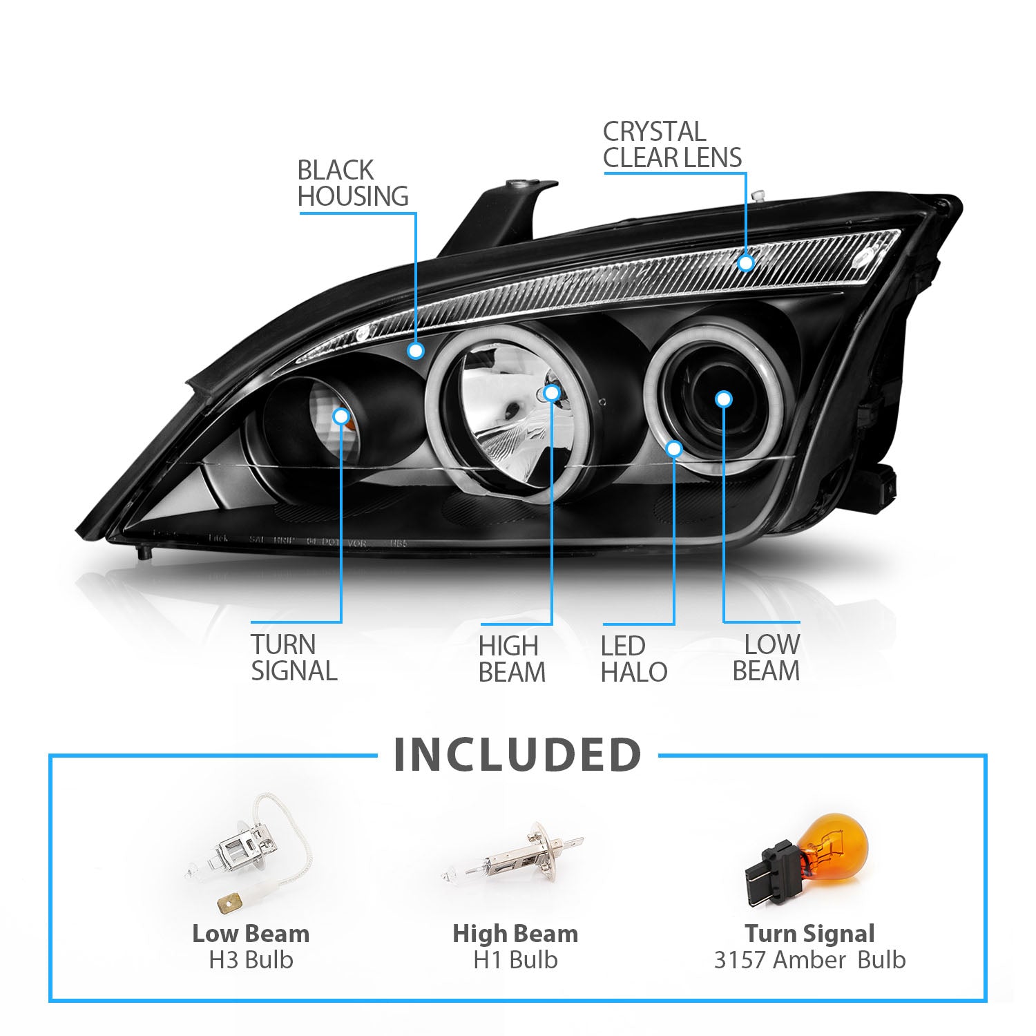 FORD FOCUS ZX4 05-07 PROJECTOR HEADLIGHTS 4DR HALO BLACK CLEAR (RX HAL
